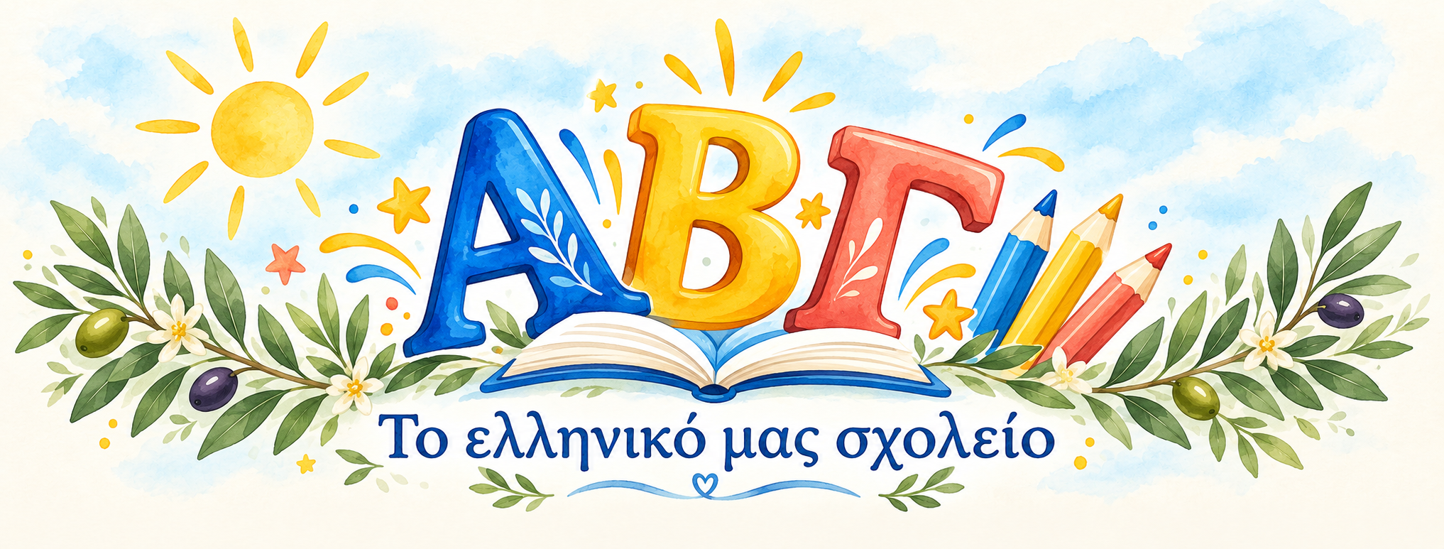 Colourful Greek letters Alpha, Beta and Gamma over an open book, framed by olive branches